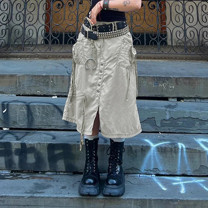

Spring Summer Autumn Spicy Girls Style Street Retro Splice Single Breasted Ribbon Work Style Low Waist Split Half Skirt Casual