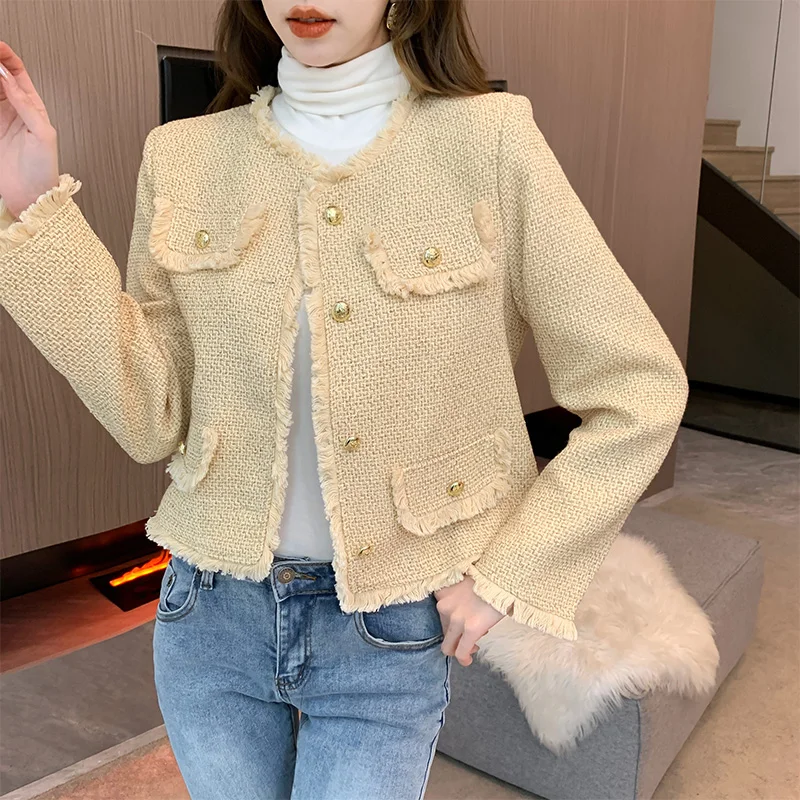 Khaki Round Neck Tassel Small Fragrance Short Coat Female Autumn Loose Slim Basic Long Sleeve Elegant Black French Women Jacket