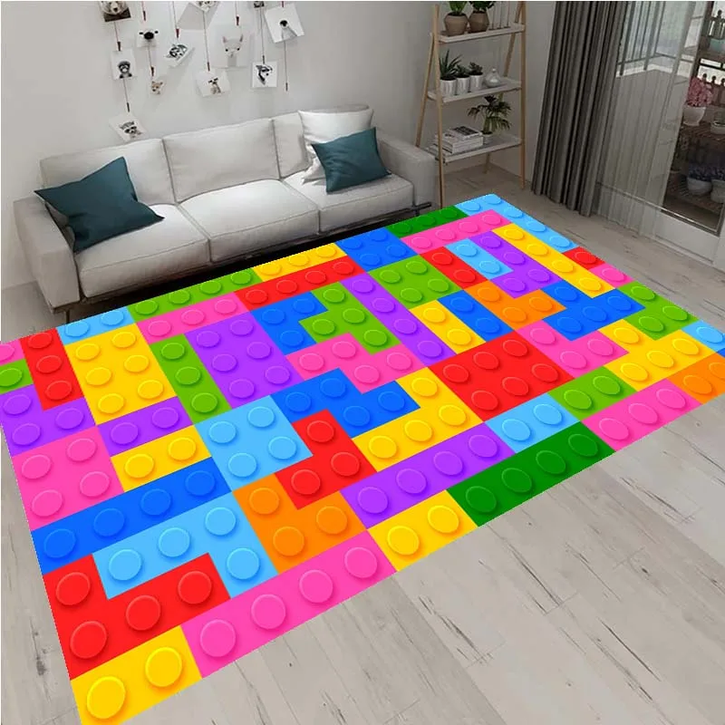 3D Colorful Geometric Block Area Rugs for Living Room Bedroom Building Block Toys Carpet Home Kids Room Decor Non-Slip Floor Mat