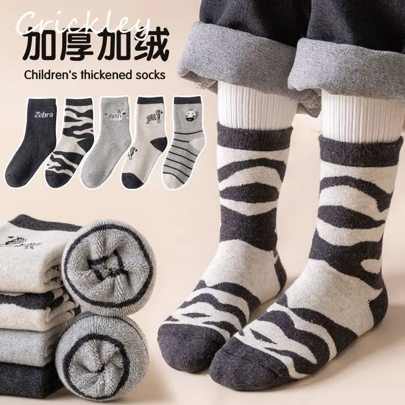 

5Pairs/Lot Children Winter Socks Keep Warm Thick Kids Socks Zebra Cartoon Soft Toddler Boys Girls Socks 1-12T