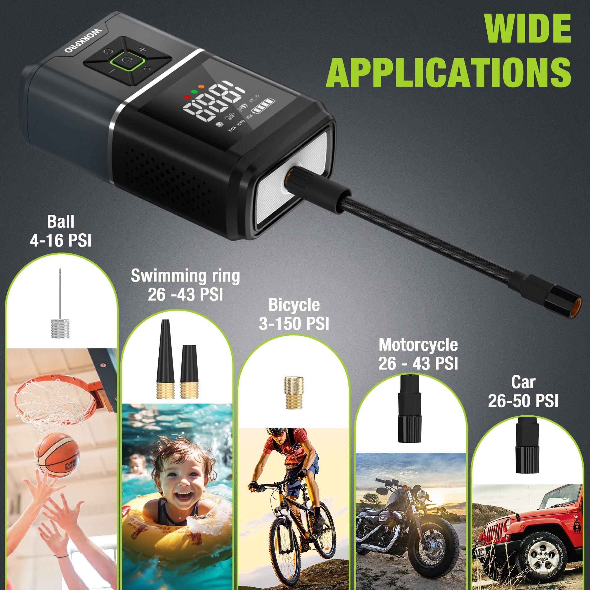 7.2V Tire Inflator 150PSI Portable Air Compressor for Motorcycle Bicycle Boat AUTO Tyre Balls with LCD Digital Display WORKPRO