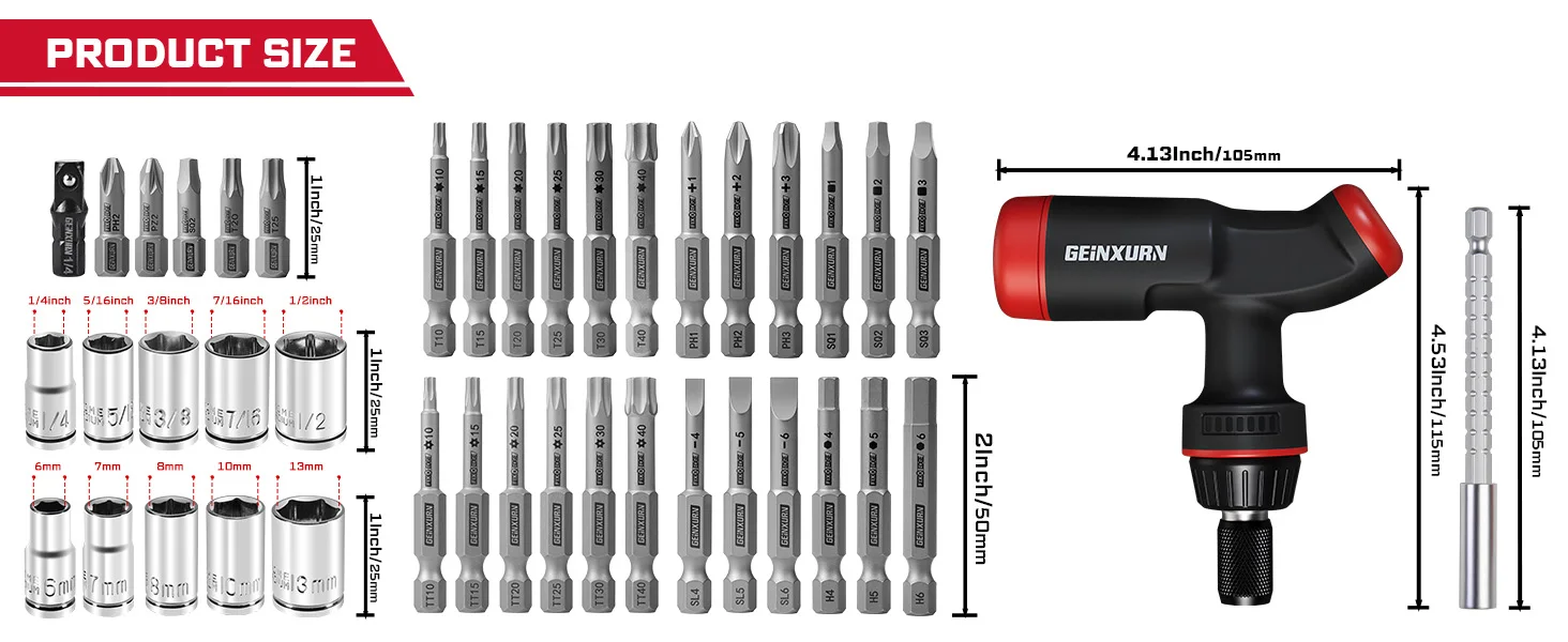 Geinxurn Ratschenschraubendreher-Set mit T-Griff, Steckdosen und S2 FIXEDGE Multi-Schraubendreher-Bit, im Griff gespeichert, perfekt für Zuhause – Detail 2