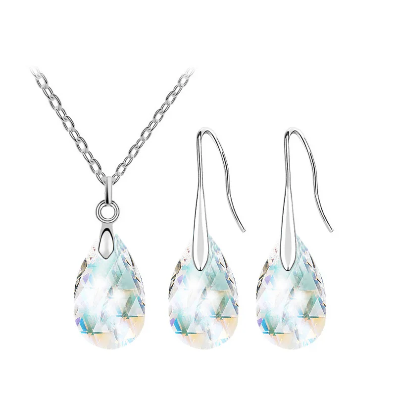 Crystal Tear Water Pendant Necklace Earrings Jewelry Set
