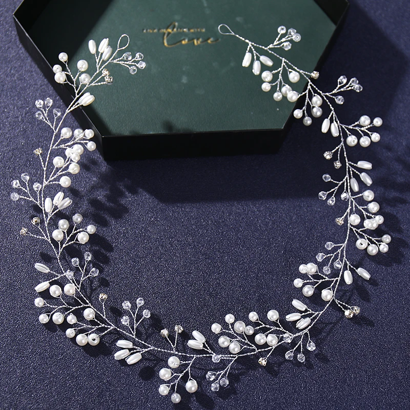 Handmade Gold Silver Color Long Crystal Headbands For Women Bride Pearls Wedding Hairband Hair Accessories Jewelry