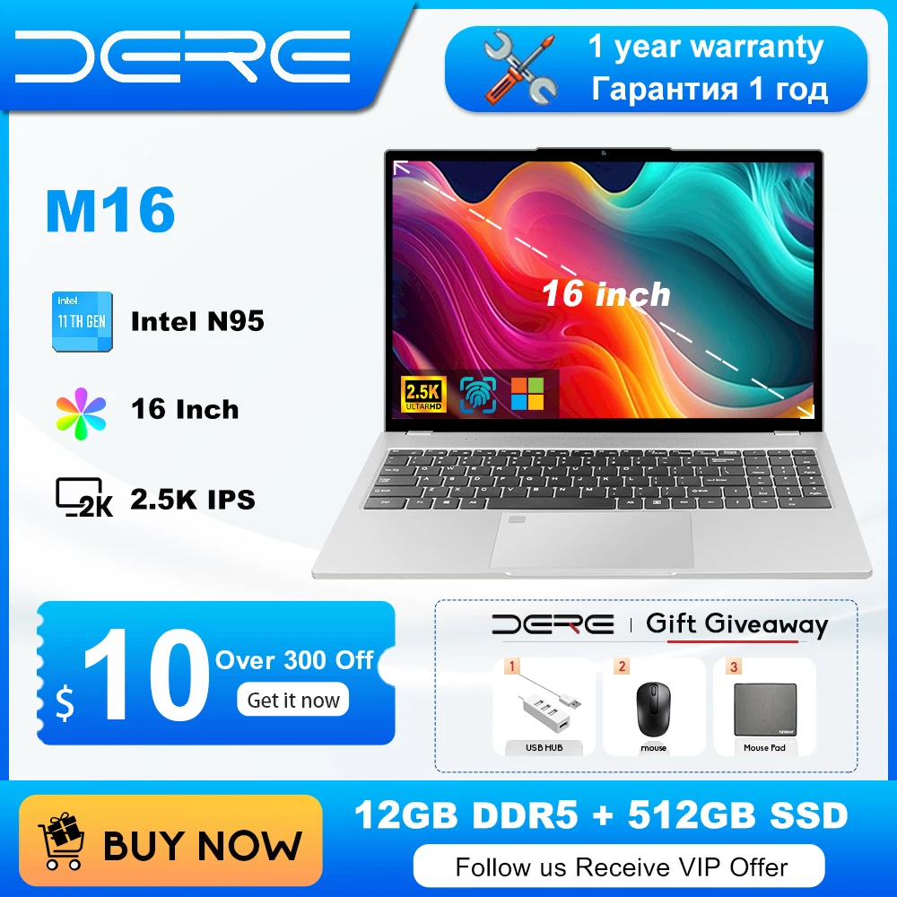 Notebook Laptop DERE Laptops M16 16" 2.5K IPS Ultra HD Intel N95 12GB DDR5 + 512GB SSD Study Office Laptop Computer Windows 11 Notebook