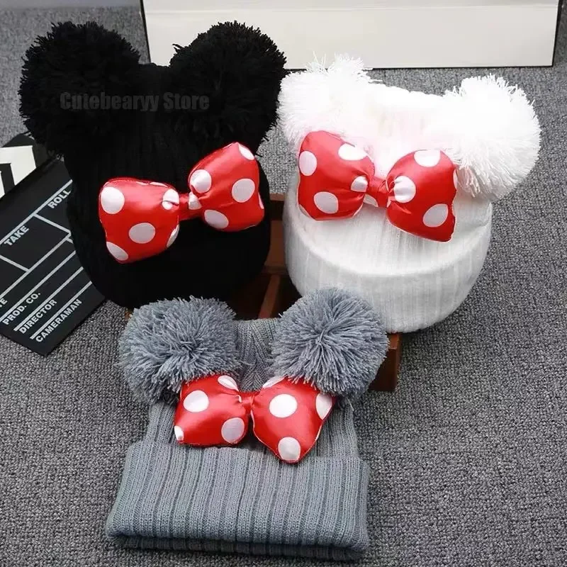 Disney Minnie Mouse Bow Knitted Hat for Boys Girls Winter Bonnet Hats Children's Cartoon Mickey Beanie Cap Kids Caps with Pompom