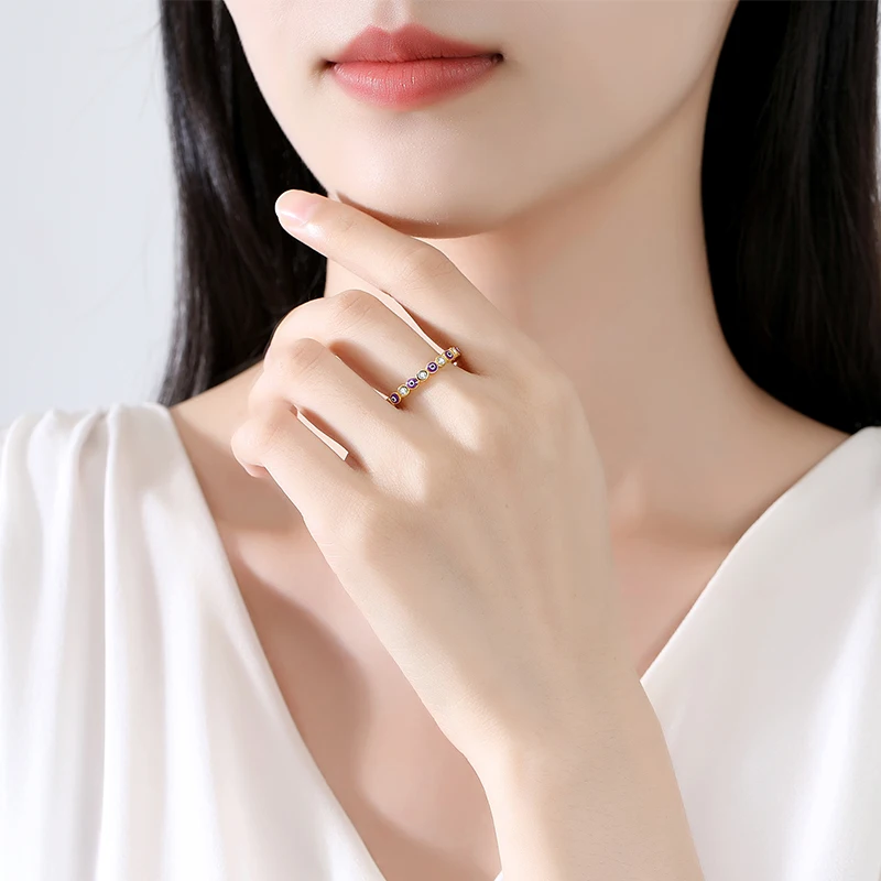 KALETINE Trendy Handmade Enamel Stackable Band Ring Women Gold Plated Oil Evil Eye 925 Sterling Silver Rainbow Ring Adjustable