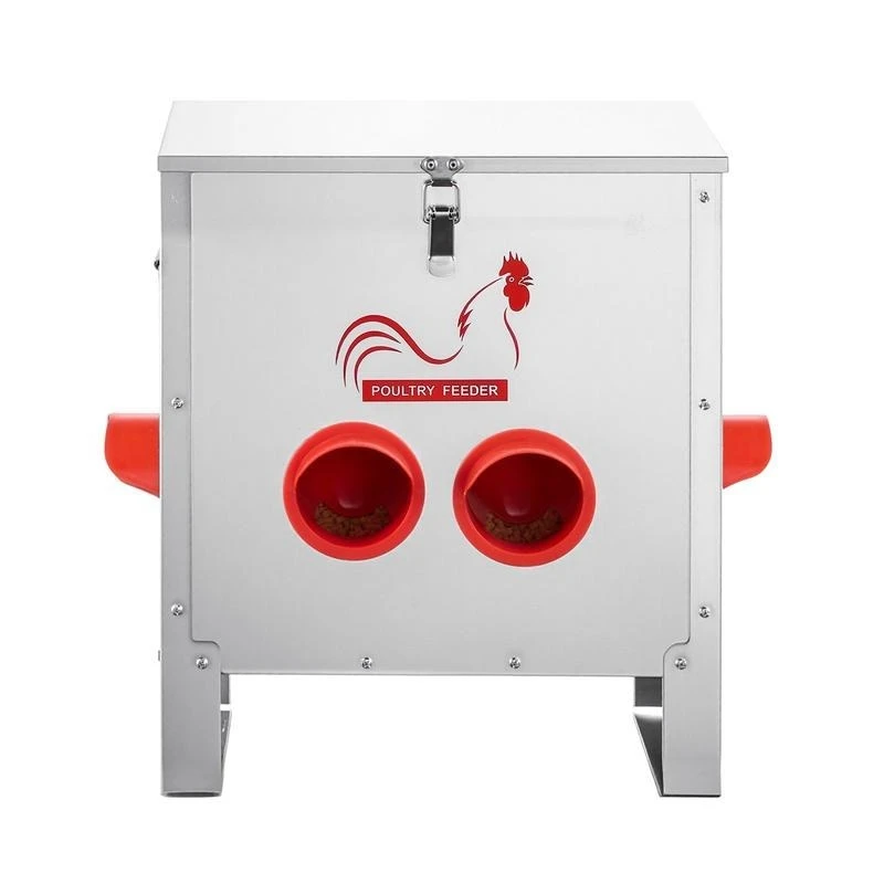 Automatic Chicken Feeder, 25 lbs Capacity, 6 Feeding Ports No-Waste Poultry Feeder, Automatic Gravity, with Handle Latch Lid, Metal Construction, for Chickens Bantams Pheasants Poultry Coop