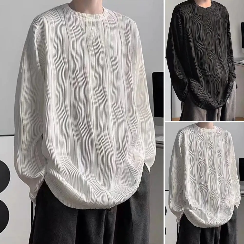 

Men T-shirt O Neck Pullover Long Sleeve Loose Type Hip Hop Style Water Wave Texture Men T-shirt Summer Top Daily Clothes