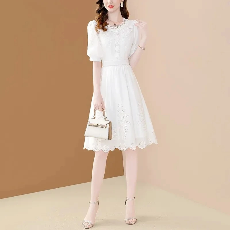 

Изысканное Белое Женское платье в западном стиле, Новинка лета 2023, шелковое платье с рукавами-фонариками и рельефной талией