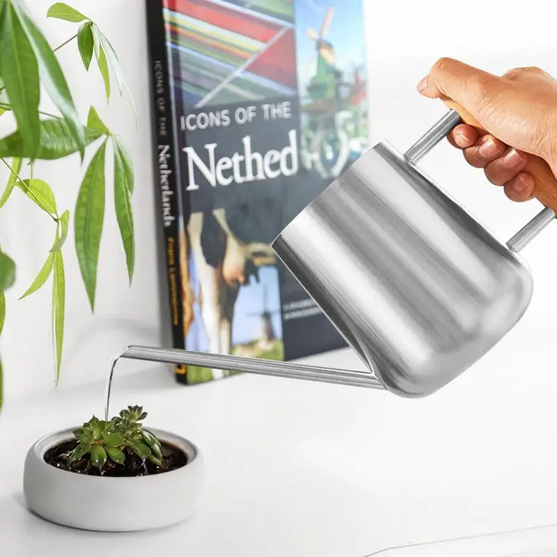 

Spout Watering Can Stainless Steel Green Plant 900ML Irrigation Pot Wooden Handle Watering Small Kettle For Gardening Tool