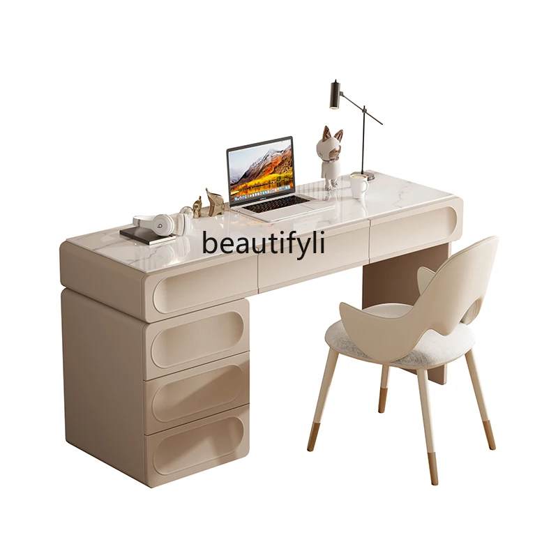 Customized French Cream Style Solid Wood Desk Quiet Style Bedroom Desk Stone Plate Bedside Cabinet Study Home Desk