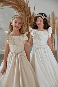 Платье трапециевидное в пол для девочек, длинное платье цвета шампанского с аппликацией для первого причастия, для свадьбы, малышей
