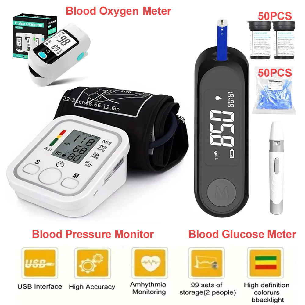 New Medical Digital Arm Blood Pressure Monitor Accurate Readings Health Tracking,Blood Glucose Meter & Blood Oxygen Meter Sets