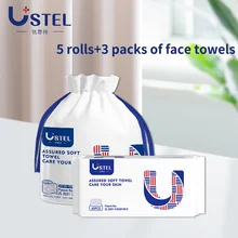 USTEL Soft Cotton Disposable Towels Dry and Wet Skincare Cleaning Wipes Makeup Remover Face Towels 8 Packs Face Towels Tissue