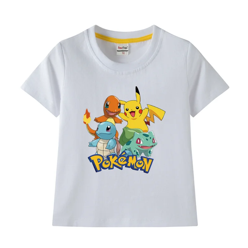 thumbnail image 1 of Pokemon ropa para niños figura de Anime Pikachu camiseta gráfica para niños 100% algodón verano manga corta niño niña regalo de cumpleaños, 1 of 5
