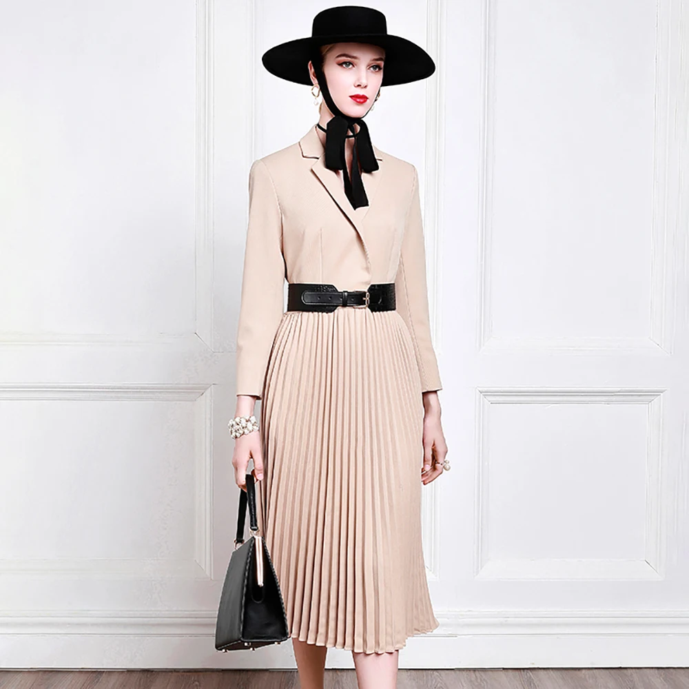 

High-End Suit Pleated Dress Banquet Dress Brilliant Camel Autumn And Winter New Europe And America