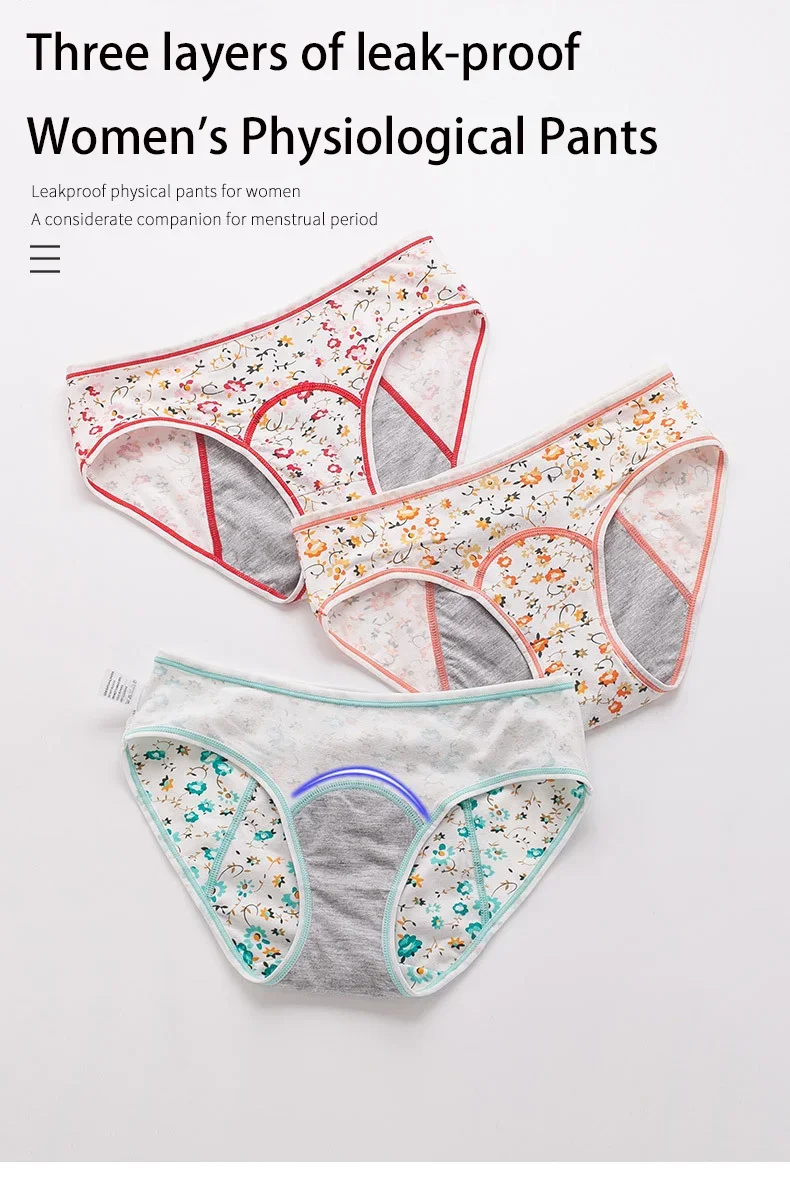 Description Picture 2 of item1 Pcs Menstrual Panties Women's Cotton Briefs Three Layers Of Leak-proof Girls Physiological Pants Student Mid Waist Panties