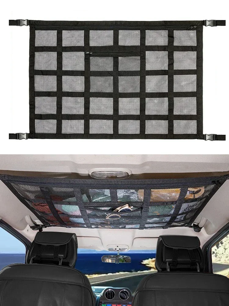 New Car Ceiling Roof Interior Cargo Zipper Adjustable Net Storage Net Bag Sundries Organizer Mesh Pocket For Van SUV Universal