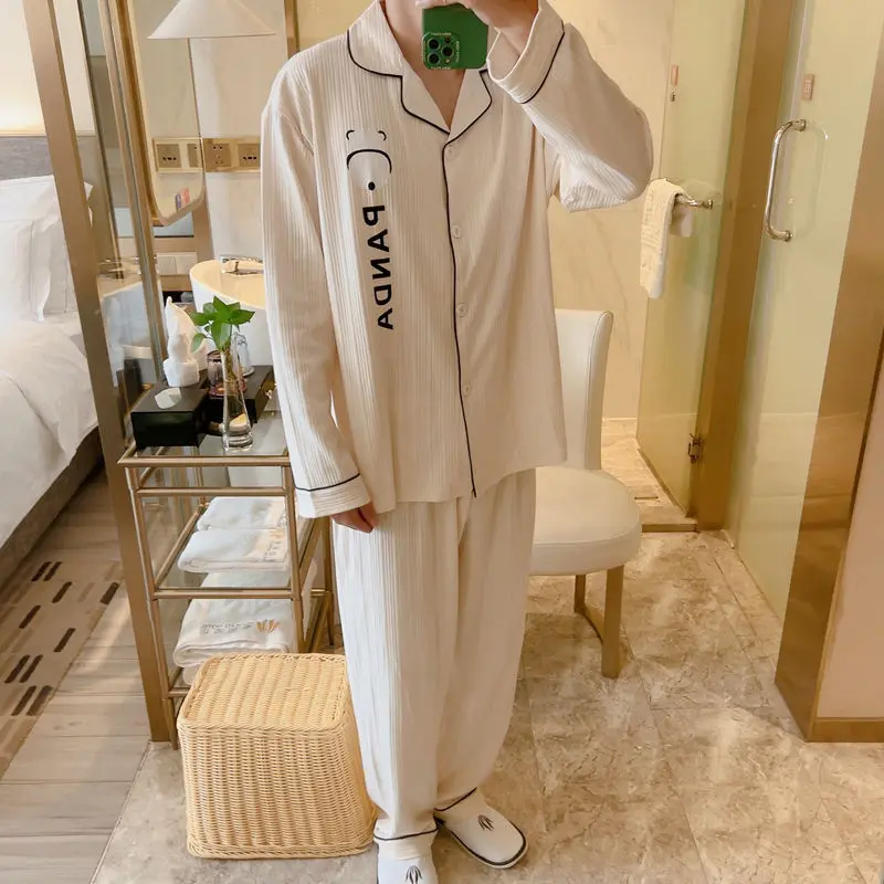Men Spring Autumn Pajamas Cotton Long Sleeve Printed Sleepwear Lapel Breasted Nightgown 2024 Latest Large Size Loose Nightdress