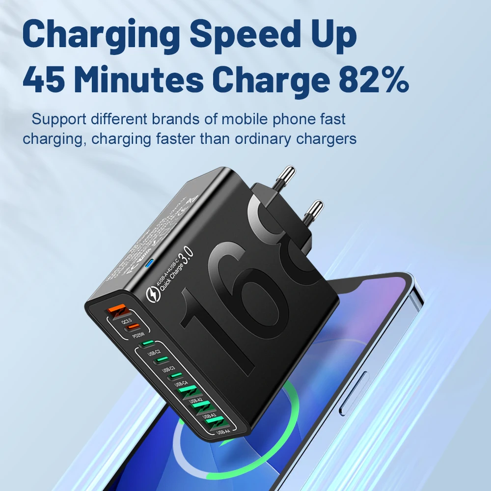 8 Ports USB QC3.0 Fast Charger EU US KR Plug 150W Fast Charger Power Adapter For iPhone 16 15 14 13 Xiaomi Samsung