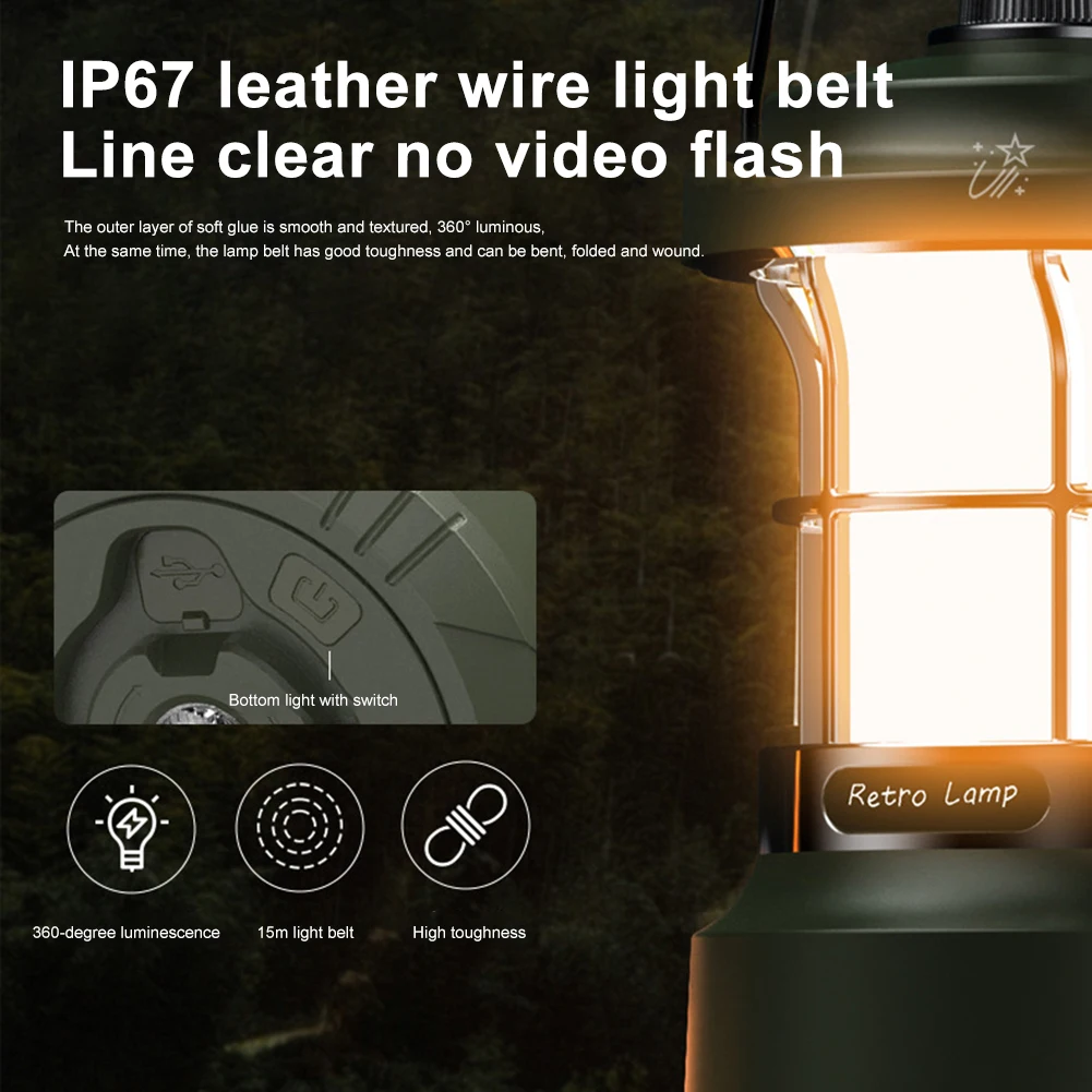 Camping Light Hanging Tent Light IP44 Waterproof Handheld Carrying Rechargeable Retro Tabletop for Outdoor Emergency