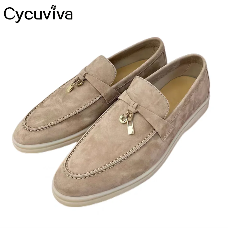 

Summer Walk Kidsuede Leather Flat Shoes Woman Loafers Fringe Decor Mules Round Toe Flat Casual Shoes Spring Walking Shoes Ladies