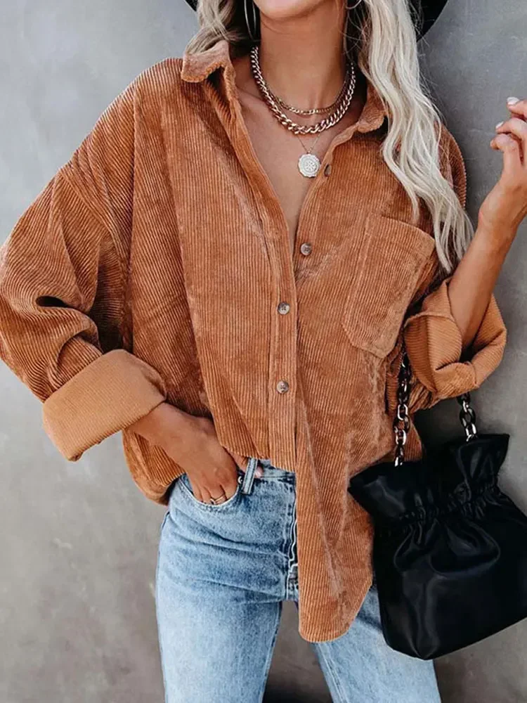 

Autumn Corduroy Jacket Woman Long Shirt Jacket Women Button Coat Jackets Women Fashion Overshirt Loose Coat Female 2023
