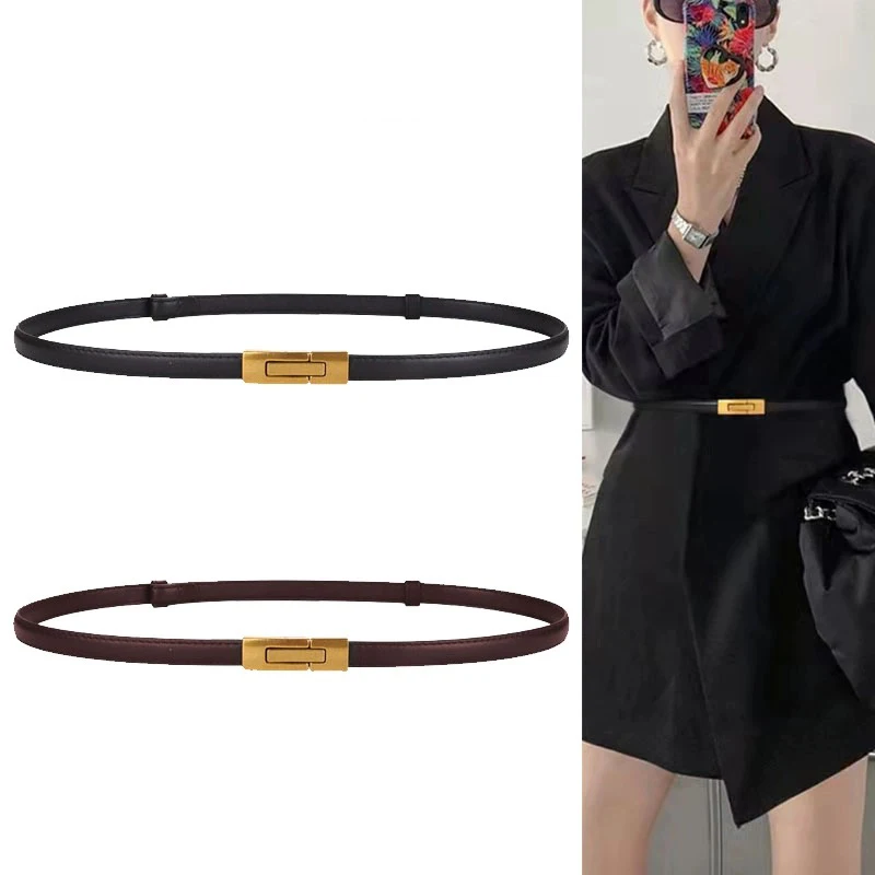 

Elegant Thin Belt For Women Retro Gold Metal Buckle Genuine Leather Designer Waistband Matching Female Dress Jeans Ladies Girdle