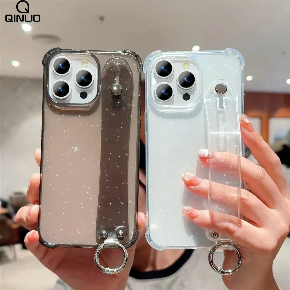 Bling Glitter Transparent Wrist Strap Phone Case with Holder Stand