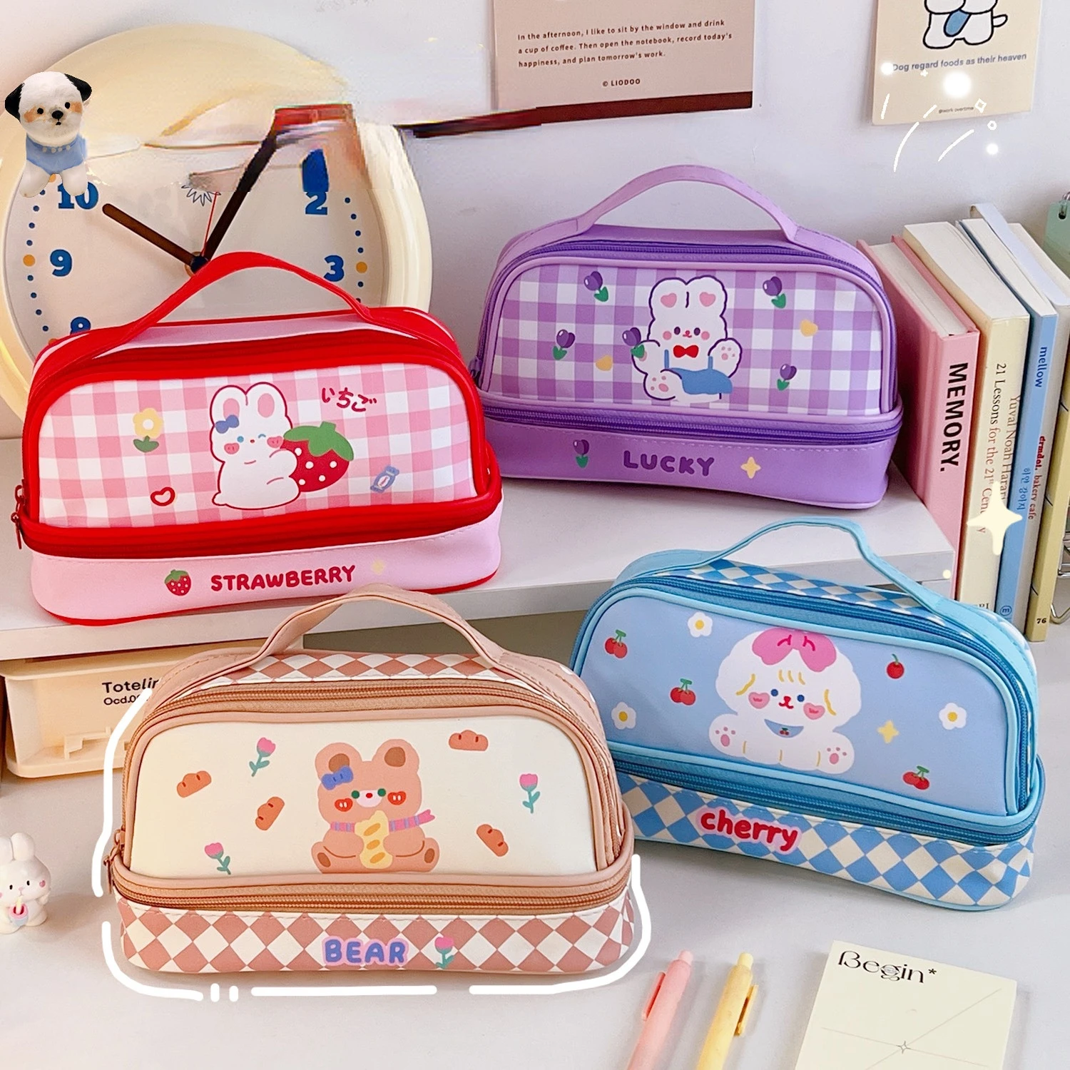

Cartoon Large-Capacity Pencil Bag Student Portable Pencil Bag Double-Layer Storage Bag Cute Simple Cosmetic Bag Stationery Box