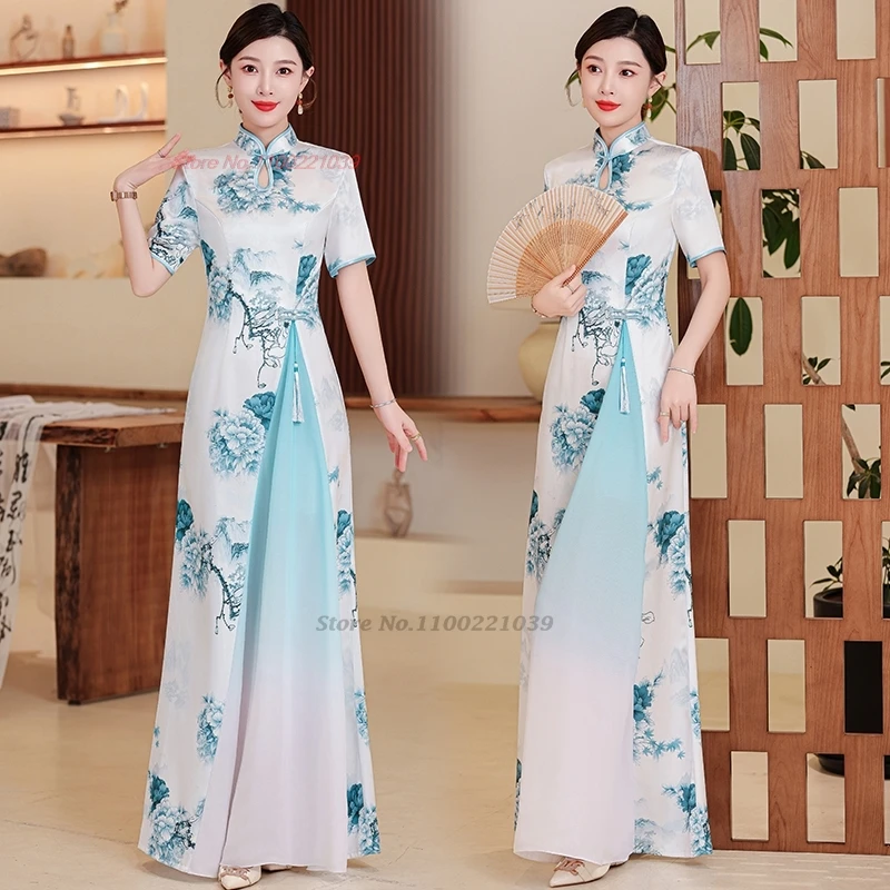 vietnam aodai dress traditional chinese improved qipao flower print cheongsam a-line dress banquet evening vestido