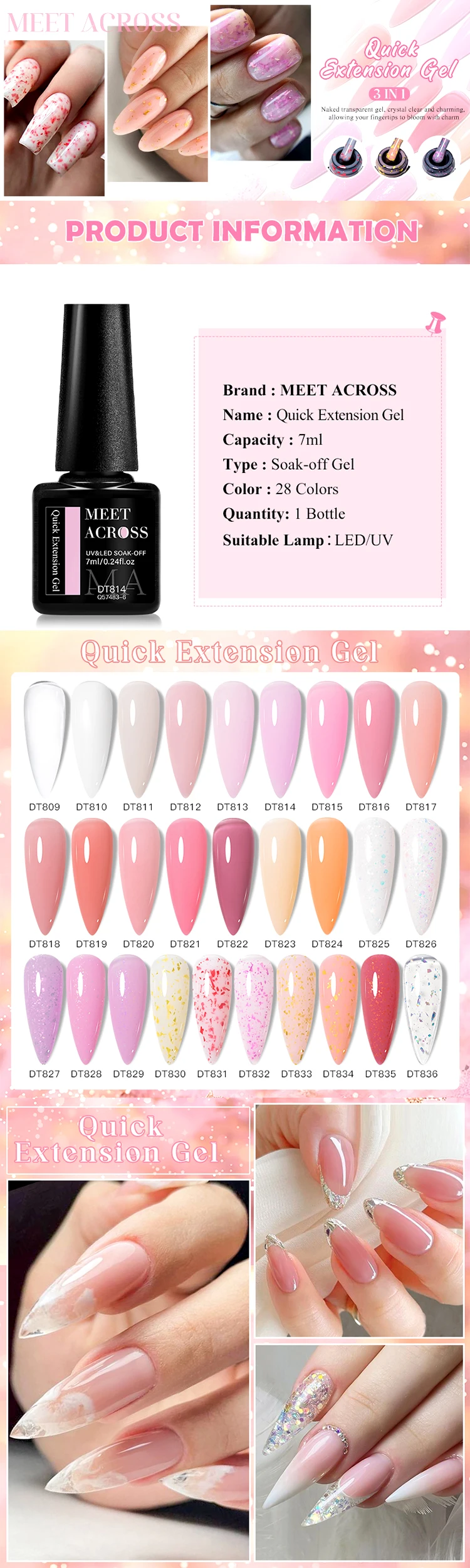 Description Picture 2 of itemMEET ACROSS 7ML Gold Foils Glitter Quick Extension Gel Nail Polish Long Lasting Rubber Base Gel Nail Art UV Glue Builder Gel