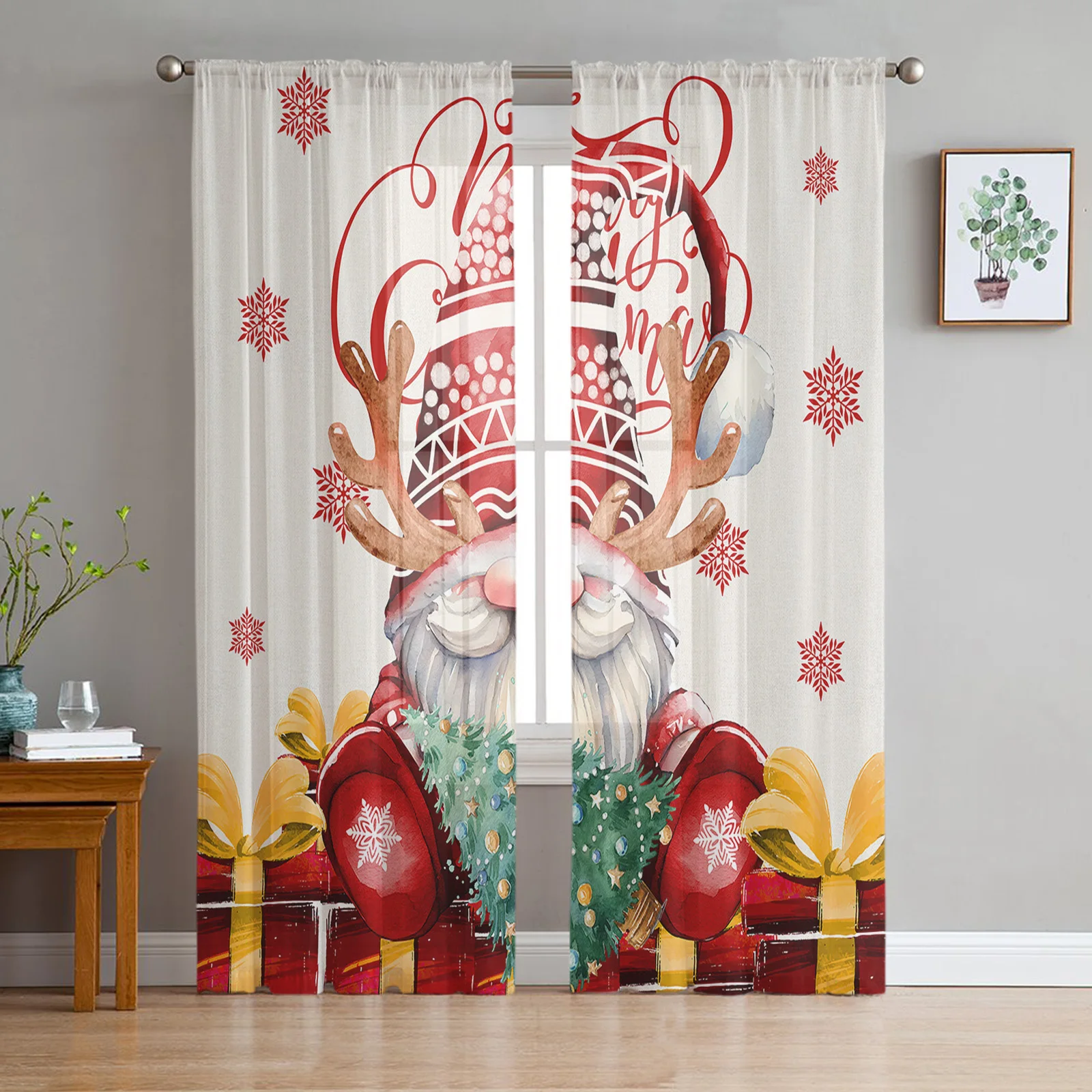 

Christmas Snowflake Gnome Sheer Curtains for Living Room Bedroom Tulle Curtain for Kitchen Voile Curtain Blind Panels