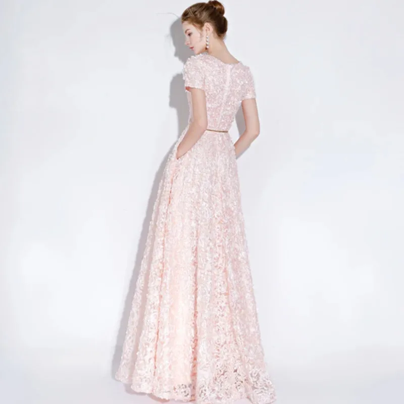 LANMU Banquet Elegant Evening Dress Simple Pink Lace Floor-length Formal Dresses With Belt Custom Party Gown Robe De Soiree