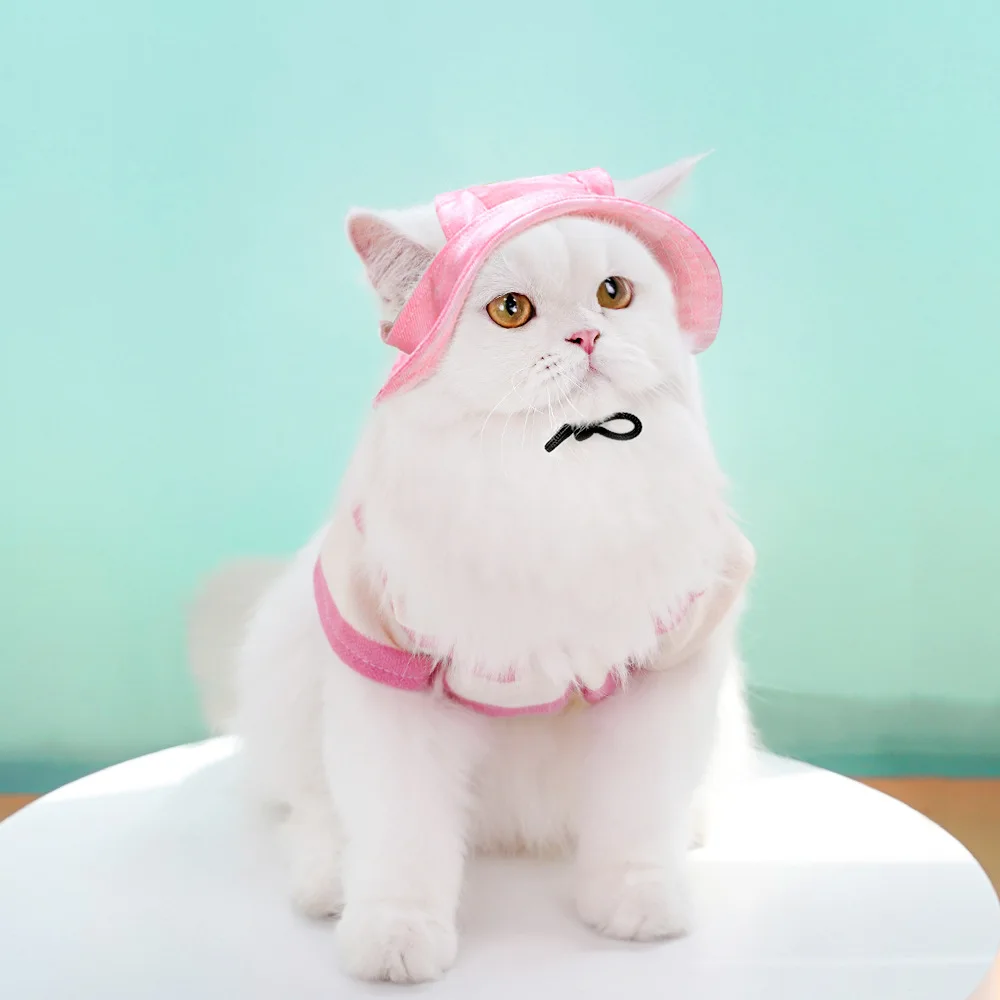 귀 구멍이있는 목화 고양이 태양 모자 둥근 테두리 개 강아지 고양이 양동이 모자 작은 중형 고양이 개를위한 야외 태양 보호 애완 동물 모자