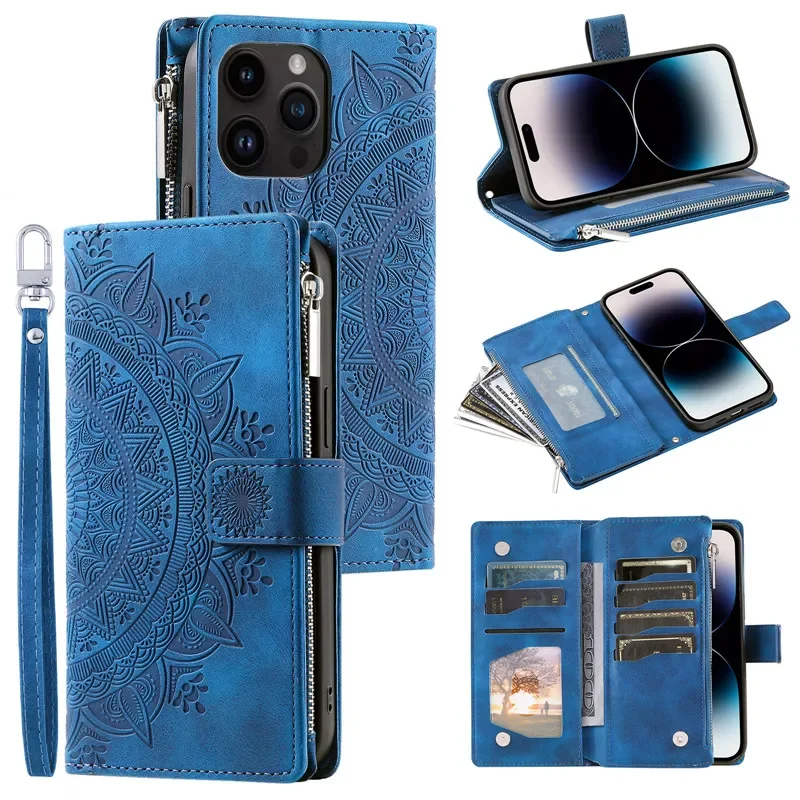 thumbnail image 1 of Funda de cuero con tapa cruzada para iPhone, 15, 14 Pro Max, 13, 12, 11, X, XS, XR, SE, 2022, 8, 7 Plus, funda larga con cordón y cremallera para tarjetas, 1 of 5