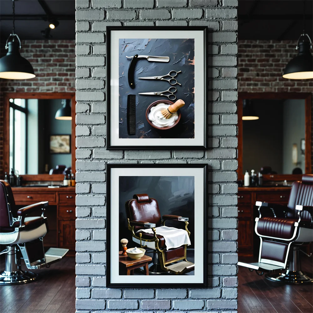 Vintage Art Mural Salon Acconciatura Barbier Accessori retrò Barbiere e articoli da toeletta da uomo Pittura su tela Barbiere Decor - immagine 2