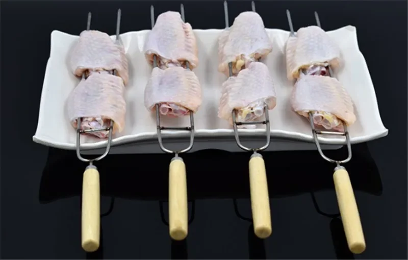 Chicken wings U Shape Wooden Handle Stainless Steel BBQ needle Tool Set BBQ Roast Barbecue Needle Skewer Party Supplies