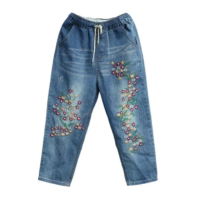 Women's Jeans Spring Summer High Waist Denim Harem Capris Pants Vintage Embroidery Jeans Cropped Trousers Woman