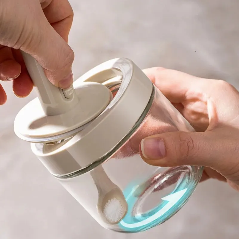 Seasoning Jar Glass With Telescopic Spoon Household Kitchen Salt Storage Leak Proof Moisture-proof