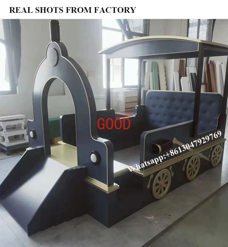 luxury children bedroom furniture sets double bed simulation car modeling and slide design solid wood kids bed blue for boy