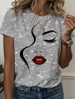Women's T-Shirt Abstract Face Line Art Graphic Print Tops Casual O-Neck Short Sleeve Tee Summer Outdoor Fashion Female Clothing 1