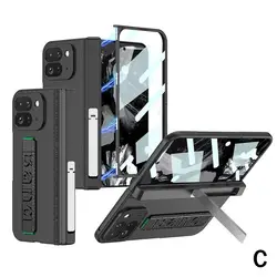 Premium Foldable Phone Case with Integrated Holder and Elastic Wrist Strap - Magnetic Hinge Shell Cover (C)