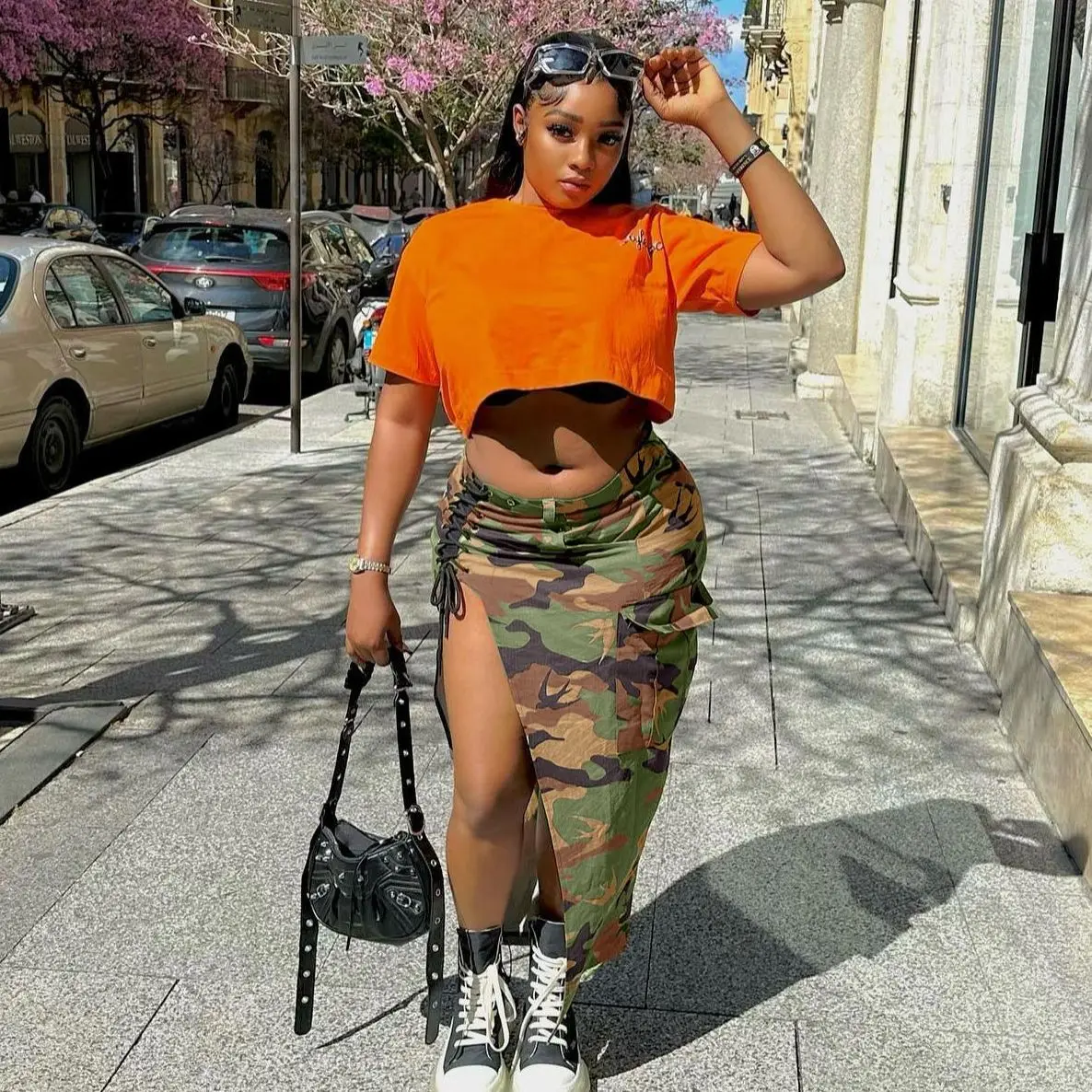 

MUDAN Women Camouflage Eyelet Lace Up Waist High Side Split Pocket Splicing Bodycon Midi Cargo Maxi Skirt 2023 Street Skirts
