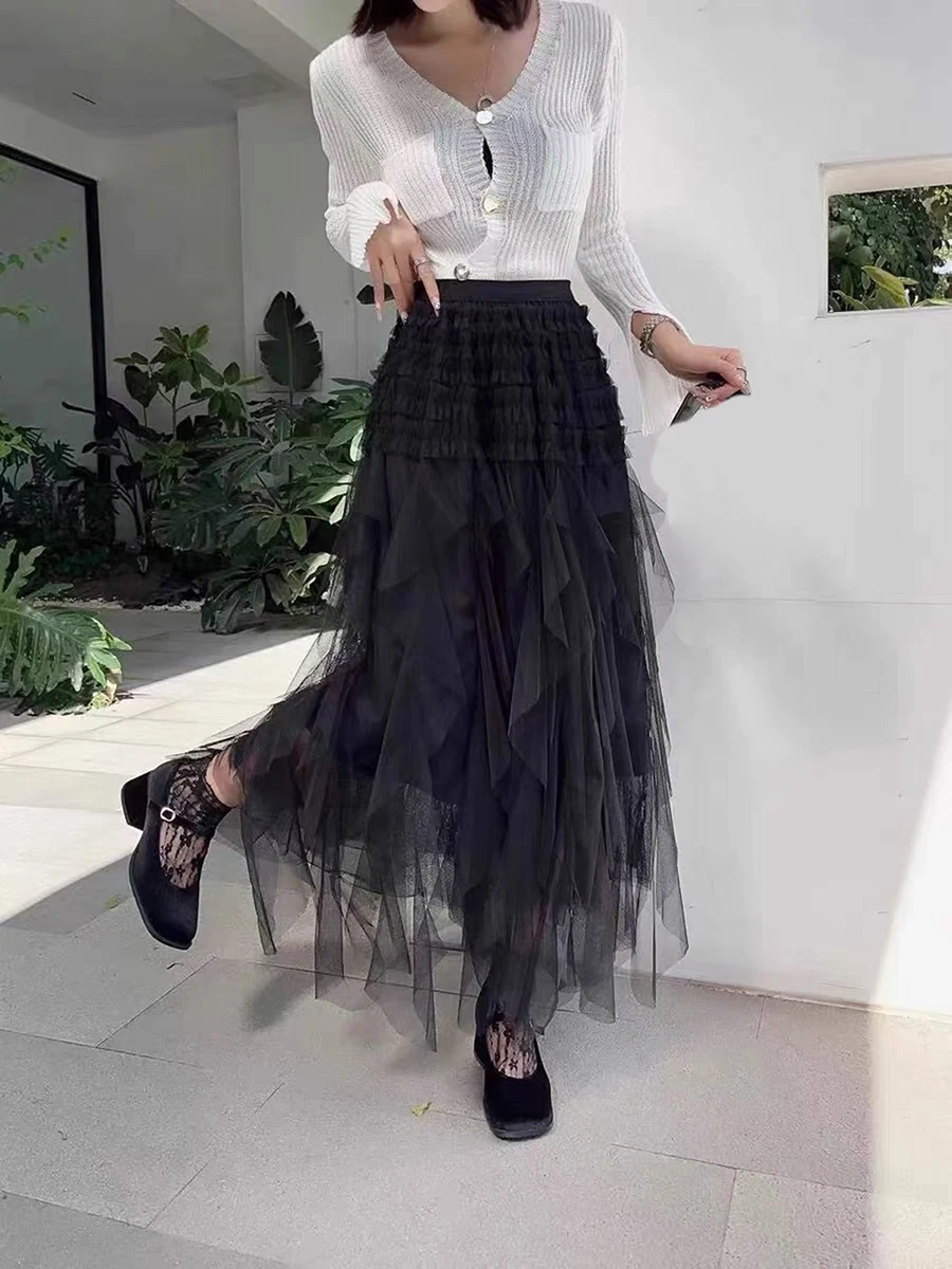 

Women's Long Skirts Solid Color Elastic Waist Skirts Spring Summer Fashion Layered Tulle Tutu Casual Skirts