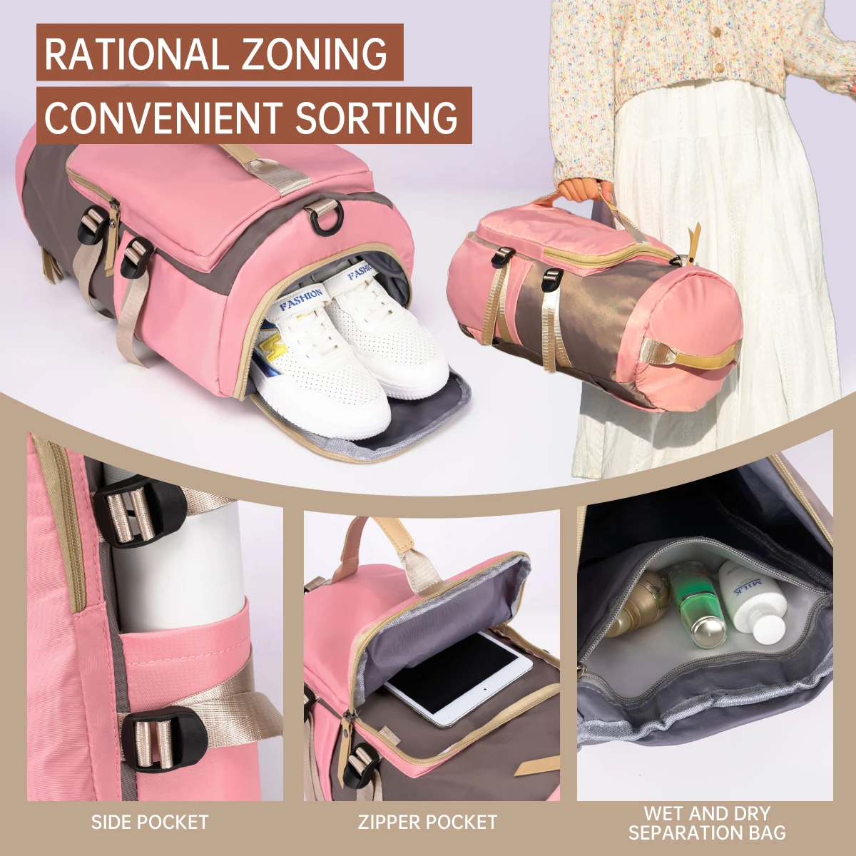 Large-Capacity Short-Distance Travel Bag for Women, Foldable Business Trip Luggage Bag, Lightweight Expansion Crossbody Handbag, Men's Backpack with Shoe Compartment, Multi-Function