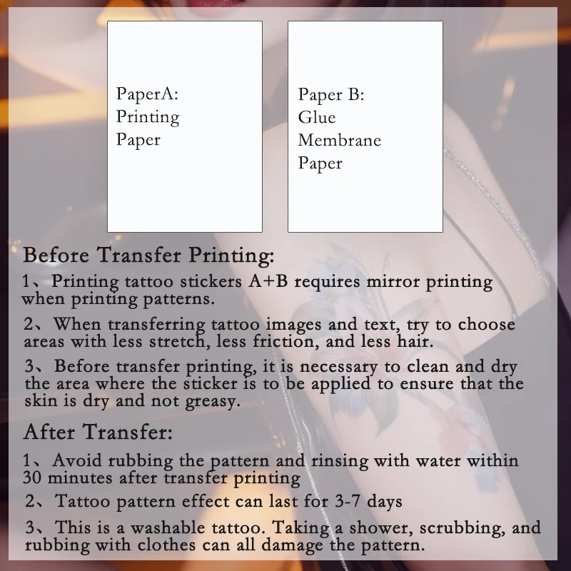 5/10 pezzi di carta per trasferimento tatuaggi A4, carta per pelle temporanea impermeabile per fai da te, adatta per stampanti a getto d'inchiostro o laser, per adulti e bambini - immagine 6