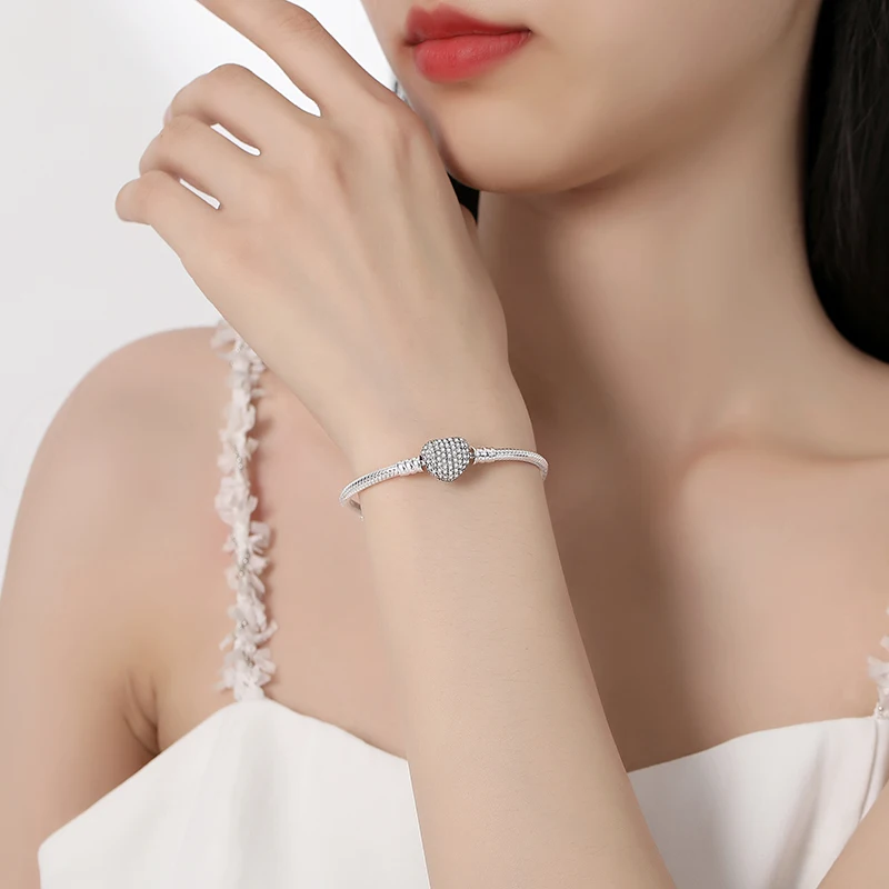 Original 925 Sterling Silver Bracelet for Women Charms Beads Rose Gold Heart Bangles Snake Chain Luxury Jewelry Gift