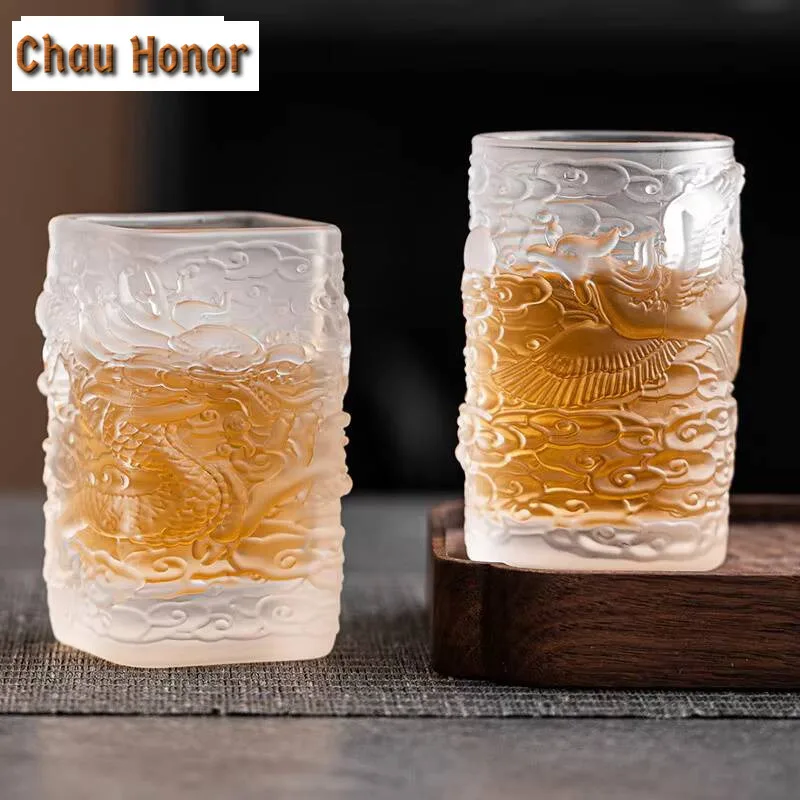 High End Dragon and Phoenix Glass Tea Cup Handamde Azure Stone Master Cup Couple Water Mug Small Chazhan Kung Fu Tea Set Gifts